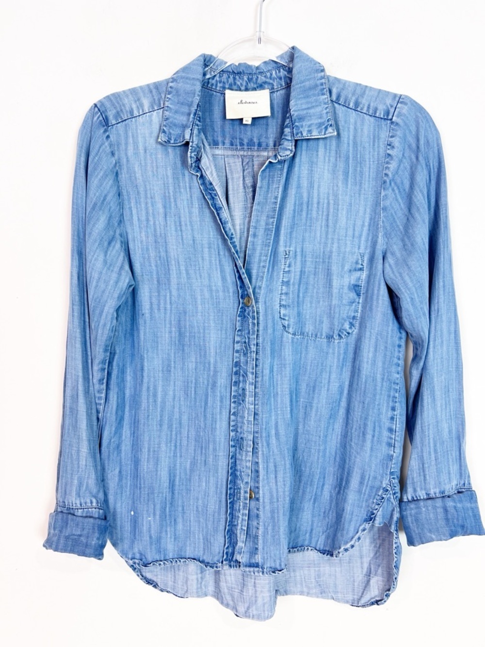 ELEVENSES ANTHROPOLOGIE CHAMBRAY DENIM BUTTON FRONT ROLL TAB SLEEVE BLOUSE SZ XS